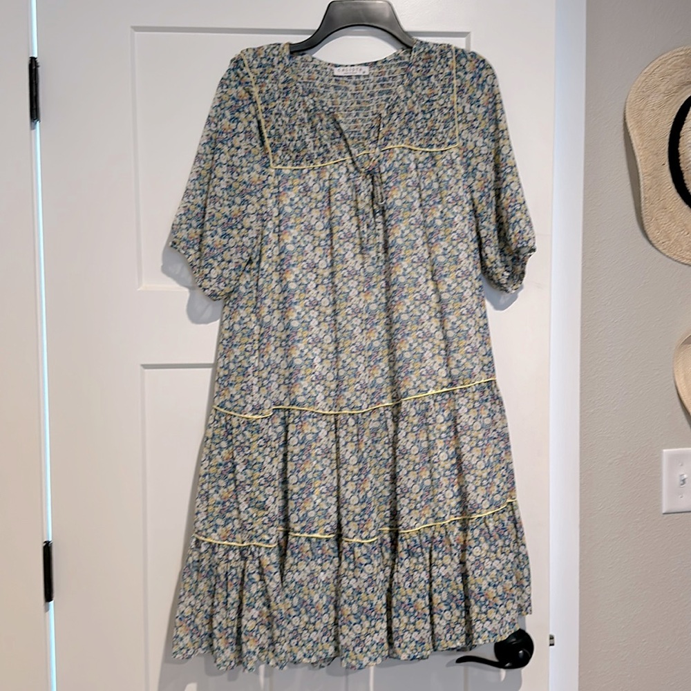 Women’s size M floral dress with tie front and yellow ribbon detailing
